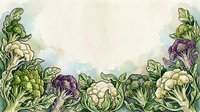 Watercolor illustration of fresh cruciferous vegetables including cauliflower, broccoli and cabbage arranged as decorative border frame on isolated background for culinary design projects.