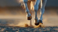 Horse legs galloping through dusty desert terrain, kicking up sand clouds during fast movement, suitable for equestrian sports, western themes, and motion concepts.