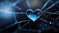 Delicate heart shape formed by morning dew drops on spider web strands against dark background, creating magical nature macro photography with bokeh effect.