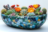 Vibrant succulents and flowering cacti arranged in mosaic glass bowl with turquoise, blue and gold pattern, featuring echeveria, barrel cactus and blooming kalanchoe.