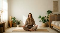 Young woman practicing meditation in peaceful bedroom with natural light and houseplants creating zen atmosphere for mindfulness and wellness routine.