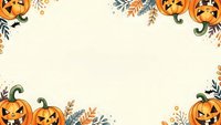 Halloween pumpkin border frame with jack-o-lanterns and autumn leaves on cream background for seasonal greeting cards and party invitations.