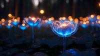 Glowing blue lotus flower with luminous petals against bokeh city lights background creating magical evening atmosphere for meditation and wellness concepts.
