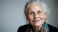 Elegant senior woman with silver hair and bright smile wearing colorful scarf and black sweater against neutral background, radiating warmth and confidence in portrait.