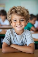 Young Caucasian boy with blonde curly hair and bright smile wearing grey t-shirt sitting at desk in classroom environment with arms crossed, natural lighting and blurred background.