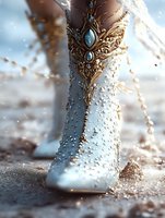 Ornate white boot with golden filigree and turquoise gemstones adorned with water droplets in magical winter setting, featuring intricate baroque details and frost elements.