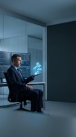 Caucasian male professional in dark business suit holding glowing digital gavel symbol in modern office environment with glass partitions and data screens.