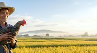 Farmer in straw hat holding rooster in golden grain field at sunrise, rural agricultural lifestyle and poultry farming concept.