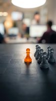 Orange pawn standing apart from black pawns on table with blurred office background, representing leadership, uniqueness, and competitive advantage in business strategy.