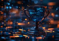 Digital trophy with glowing blue binary code pattern against dark background with bokeh lights, symbolizing technology achievement and cyber competition success.