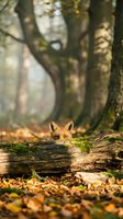 Curious red fox peeking over a mossy log in an autumn forest, surrounded by golden fallen leaves and misty trees.