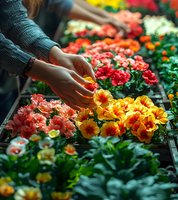 Female hands selecting colorful pansies and flowers in garden center trays. Vibrant spring blooms in yellow, coral and red create fresh seasonal atmosphere.