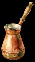Watercolor copper coffee cezve with wooden handle, isolated on transparent background, ready for stickers, print on demand, sublimation, and t-shirt design.