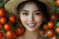 Young Asian woman in straw hat smiling brightly among fresh red tomatoes on vine, natural garden setting creates cheerful agricultural portrait.