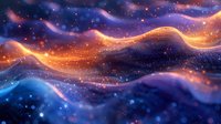 Magical cosmic waves with glowing orange and purple light effects flowing through starry space background, abstract luminous energy pattern for wallpaper design.