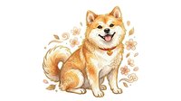 Cheerful orange and white Shiba Inu dog with fluffy coat sitting happily surrounded by falling autumn leaves and decorative swirls on white background, isolated clipart for design projects.
