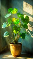 Monstera deliciosa plant in terracotta pot with dramatic sunlight casting shadows on turquoise wall, tropical foliage glowing in natural morning light.