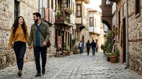 Young couple walking together down a charming cobblestone street in a historic town, surrounded by traditional stone buildings and architecture, perfect for travel and lifestyle content.