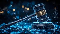 Wooden judge gavel on dark background with glowing blue network connections and bokeh lights representing digital law and cyber justice concept.