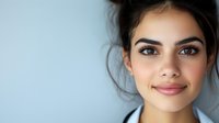 Young woman with natural makeup and gentle smile against light blue background, dark hair in casual updo style, radiating confidence and warmth in professional headshot portrait.