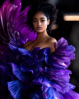 Young African American woman in dramatic purple pleated gown with ruffled details against dark background. Fashion portrait highlighting natural curly hair and elegant makeup.