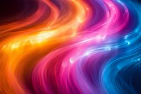 Vibrant flowing waves of orange, pink and blue light creating dynamic energy patterns with smooth gradient transitions and luminous glow effects.