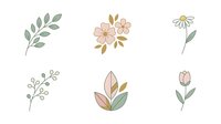 Isolated botanical line art elements with soft watercolor fills, including leaves, flowers, and stems in muted pastels. Ready for design use on textiles, stationery, and digital projects.