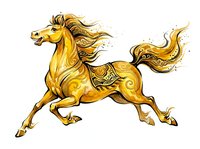 Golden horse in galloping motion with flowing mane and tail, ornate decorative patterns on body, isolated on white background for design use.