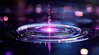 Single water drop creating concentric ripples on liquid surface with purple and pink bokeh lights, macro photography capturing moment of impact and splash formation.