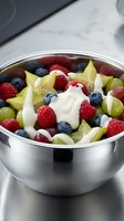 Fresh mixed berry fruit salad with yogurt in stainless steel bowl featuring raspberries, blueberries, grapes and star fruit for healthy breakfast dessert.