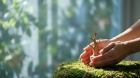Hands protecting small tree seedling growing from moss in bright natural light symbolizing environmental care, growth, and sustainability concepts.
