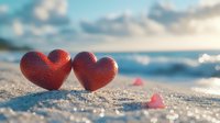 Red heart shapes on sandy beach at sunset with blurred ocean waves and soft bokeh background, romantic seaside valentine concept for love stories and greeting cards.