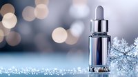 Luxury skincare serum bottle with crystal snowflake on frosty surface against blurred bokeh lights background, winter beauty product photography for cosmetic advertising.