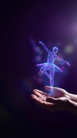 Holographic ballerina dancer floating above open hands with neon purple blue wireframe effect on dark background for digital art and technology concepts.