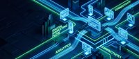 Futuristic digital network with glowing blue and green circuit pathways displaying analytics, connectivity and programming text on dark background.