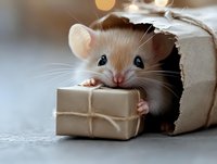 Adorable mouse peeking from cardboard box holding small wrapped gift package, creating magical holiday atmosphere with soft bokeh lights in background.