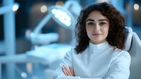 Young Mediterranean female dentist with curly dark hair and white uniform standing with crossed arms in modern dental office with equipment in background.