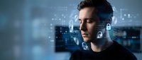 Young professional man with digital interface overlay and futuristic holographic elements in modern tech environment for business presentations.