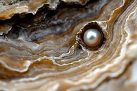 Pearl nestled in brown and white agate crystal formation, showing natural layers and patterns in macro photography. Luxury jewelry concept.