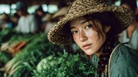 Young Asian woman farmer in straw hat at fresh vegetable market surrounded by leafy greens. Agricultural worker portrait for organic farming and healthy food concepts.