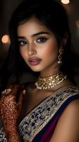 Young South Asian woman in traditional attire with ornate gold jewelry, mehndi design on hand, and embroidered navy and burgundy saree. Dramatic portrait lighting highlights glamorous makeup.
