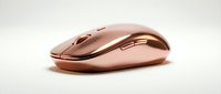 Rose gold wireless computer mouse with glossy metallic finish on white background, isolated for tech, office, and modern workspace design projects.