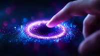 Magical glowing circle appears as finger touches sparkly surface with purple and blue light particles creating mystical energy ring effect in dark space.