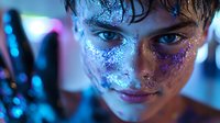 Young Caucasian male with glowing glitter and purple sparkles makeup on face in dramatic blue lighting creating mysterious cosmic atmosphere at night party or festival.