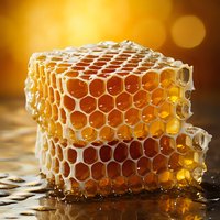 Fresh honeycomb pieces stacked with golden honey dripping, captured in warm sunlight against dark surface with bokeh background, showing natural hexagonal structure.