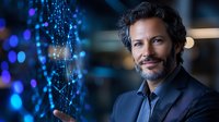 Middle-aged Hispanic businessman with salt and pepper beard smiling confidently while interacting with futuristic holographic interface against blue bokeh background.