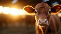 Young brown calf face close up portrait at golden sunset with bokeh lights in background, looking directly at camera with soft warm lighting.