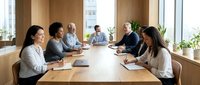 Diverse business team having productive meeting in modern conference room with natural lighting and city view through large windows.
