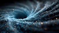 Cosmic swirling particles forming spiral galaxy pattern with glowing blue lights and stardust effects on dark background for space themed designs.