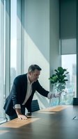 Middle-aged Caucasian businessman analyzing holographic data charts and graphs in modern office with natural lighting for corporate presentations.